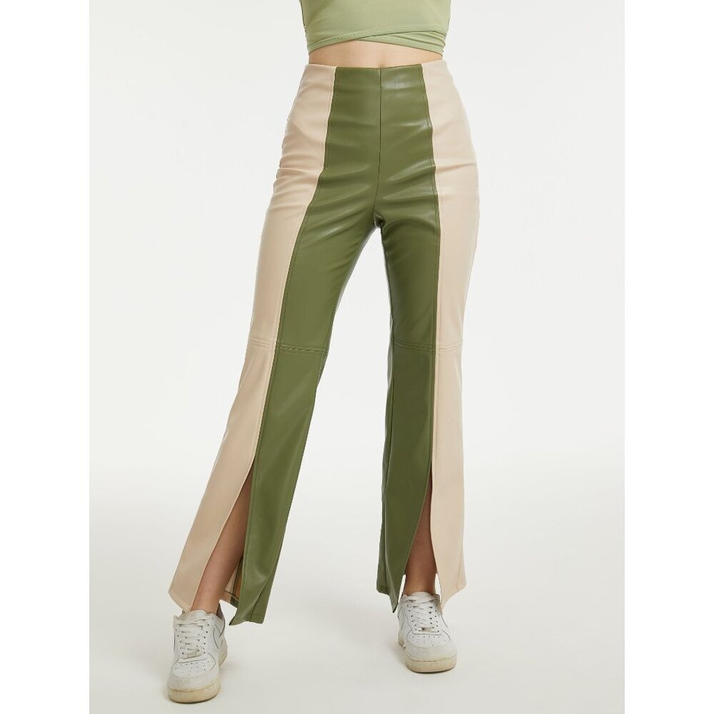 NWT Cider Faux Leather Slit Trousers Pants Green Beige Y2K 90s Women's M - Picture 1 of 9